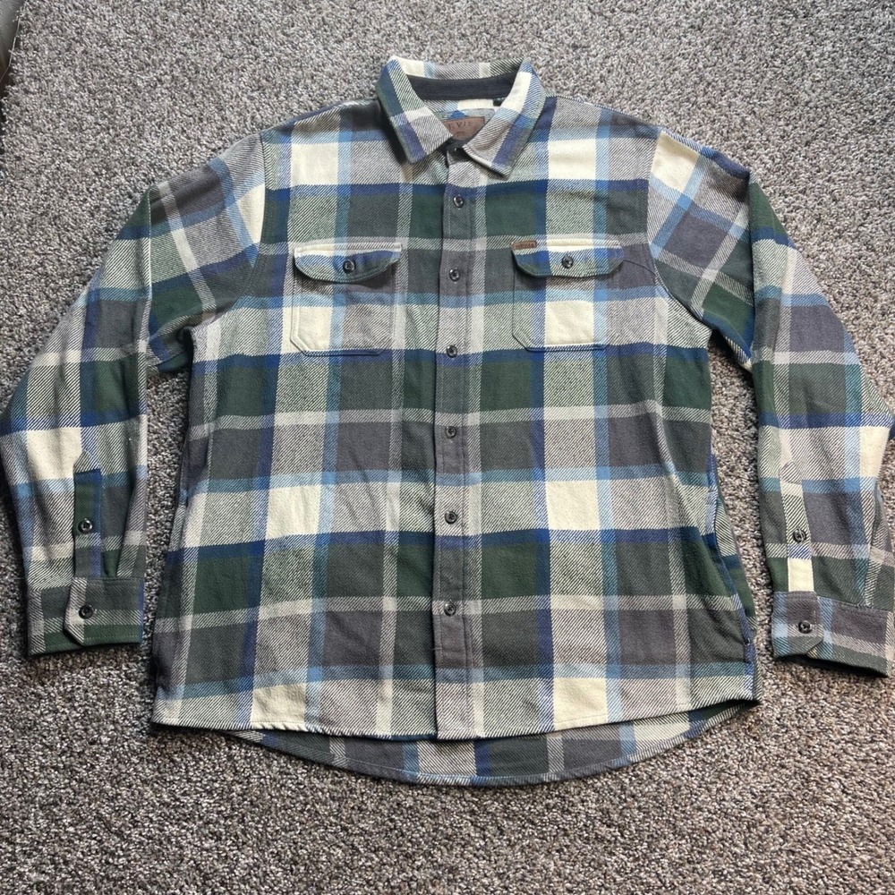 Orvis Men's XL Plaid Flannel Shirt Green Blue Fleece Lined Collar Button Down - Picture 2 of 8